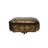 λ A CHINESE LACQUER WOOD GILT-DECORATED SEWING BOX.