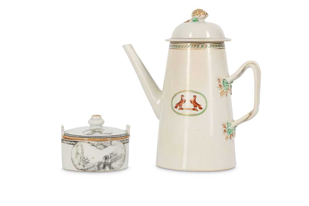 A CHINESE COFFEE POT AND COVER TOGETHER WITH A SUGAR BOWL AND COVER.