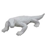 A LIFE SIZE WHITE PAINTED FIBRE GLASS FIGURE OF A KOMODO DRAGON, CONTEMPORARY