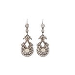 A pair of cultured pearl and diamond pendent earrings