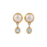 A pair of mabé pearl, diamond and aquamarine earrings