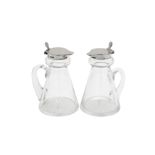 A pair of George VI sterling silver mounted glass whiskey noggins, Birmingham 1938 by Hukin and Heat