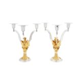 A pair of Elizabeth II parcel gilt sterling silver three light candelabra, London 1981 by Hector