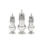 A graduated set of three George II Scottish sterling silver casters, Edinburgh 1754 by by James Gill