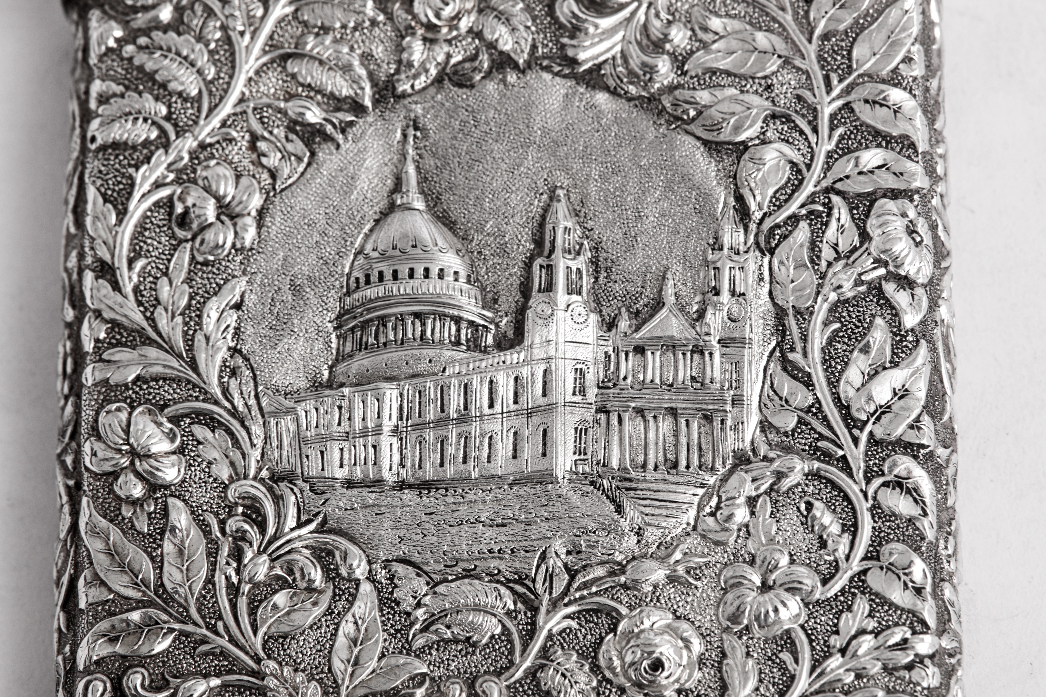 A cased Victorian sterling silver 'castle top' card case, Birmingham 1842 by Joseph Willmore - Image 4 of 6