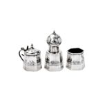 An early 20th century Iraqi silver and niello three-piece cruet, circa 1930 signed Amal-e Damin