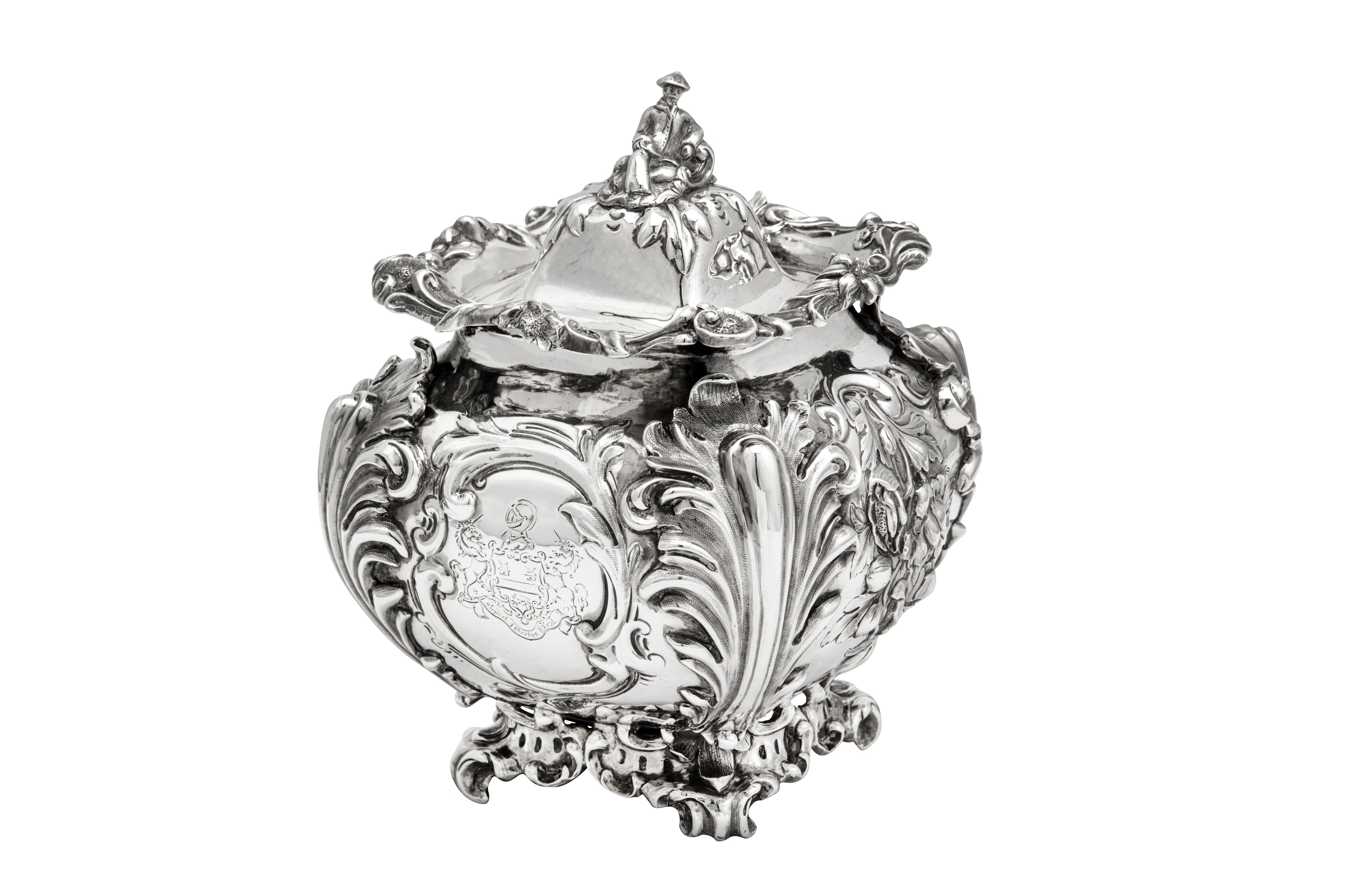 A large and unusual Victorian sterling silver tea caddy or biscuit box, London 1844 by John Edward