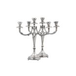 A pair of mid-20th century Italian 800 standard silver three light candelabra, Firenze 1956-68 by