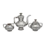 An Alexander III late 19th century Russian 84 zolotnik silver and niello bachelor coffee set, Moscow