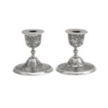 A pair of mid-20th century Iranian (Persian) silver dwarf candlesticks, Isfahan circa 1950 mark of K