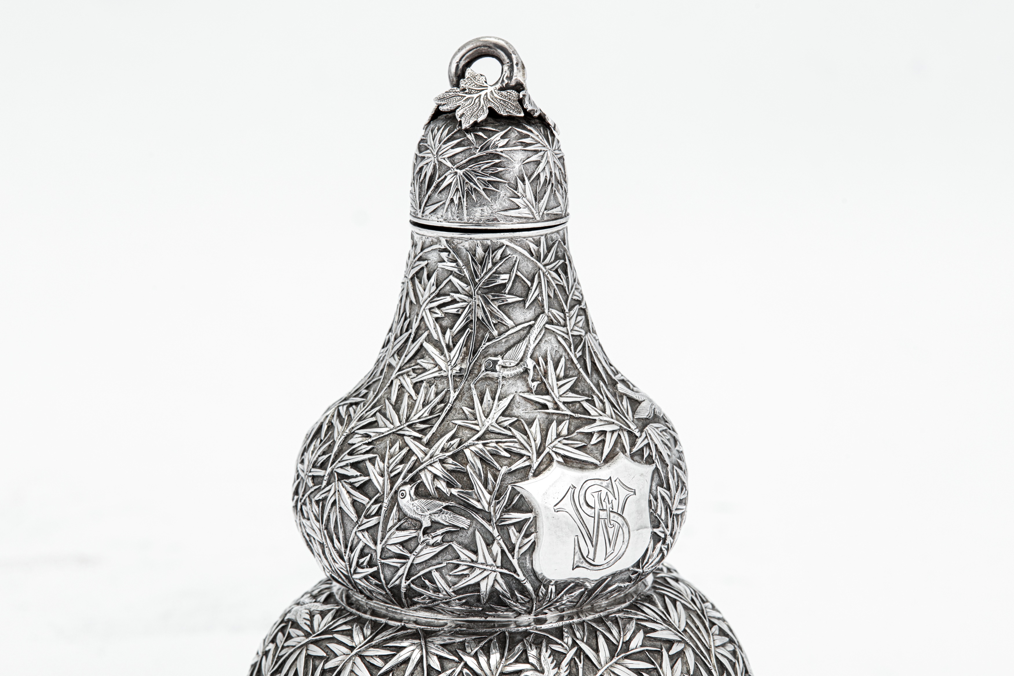 A mid to late 19th century Chinese export silver double gourd tea caddy or wine bottle, Canton circa - Image 3 of 8