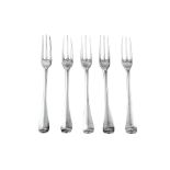 A set of five George I Britannia standard silver table forks, London 1720 by Paul Hanet (reg. 7th Ma