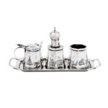 A mid-20th century Iraqi silver and niello cruet on tray, circa 1950