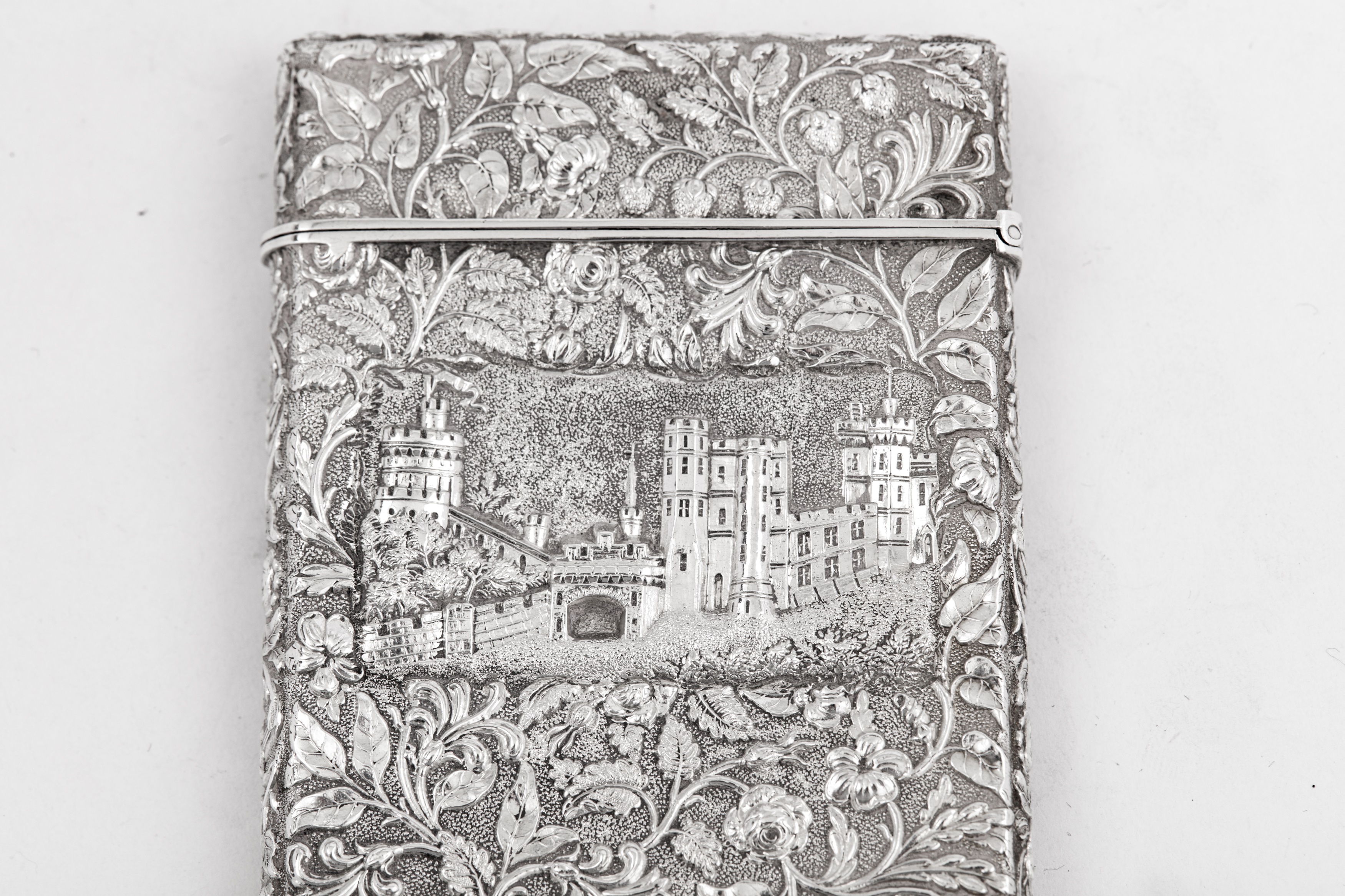 A cased Victorian sterling silver 'castle top' card case, Birmingham 1842 by Joseph Willmore - Image 5 of 6