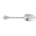 A Queen Anne provincial West Country Britannia standard silver ‘lace back’ trifid spoon, Exeter 1707