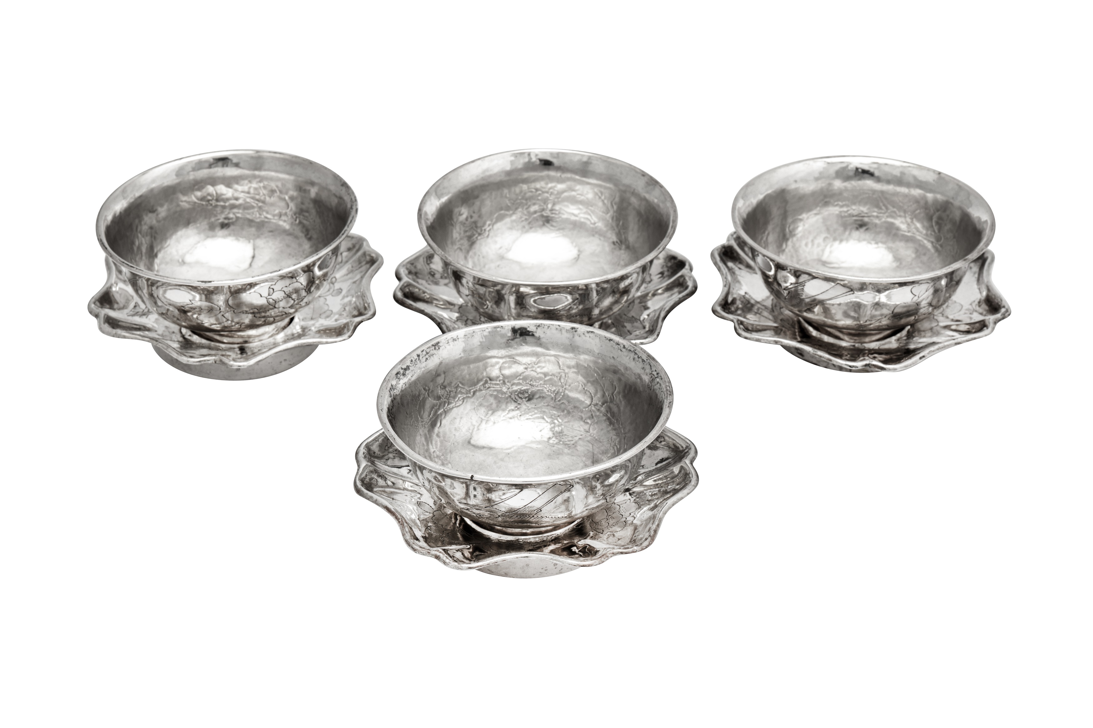 A set of four early 20th century Chinese Export silver tea bowls and saucers, Tianjin circa 1920 by - Image 2 of 6