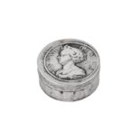 A Queen Anne silver commemorative patch box, London circa 1705 by TI with rosette below?