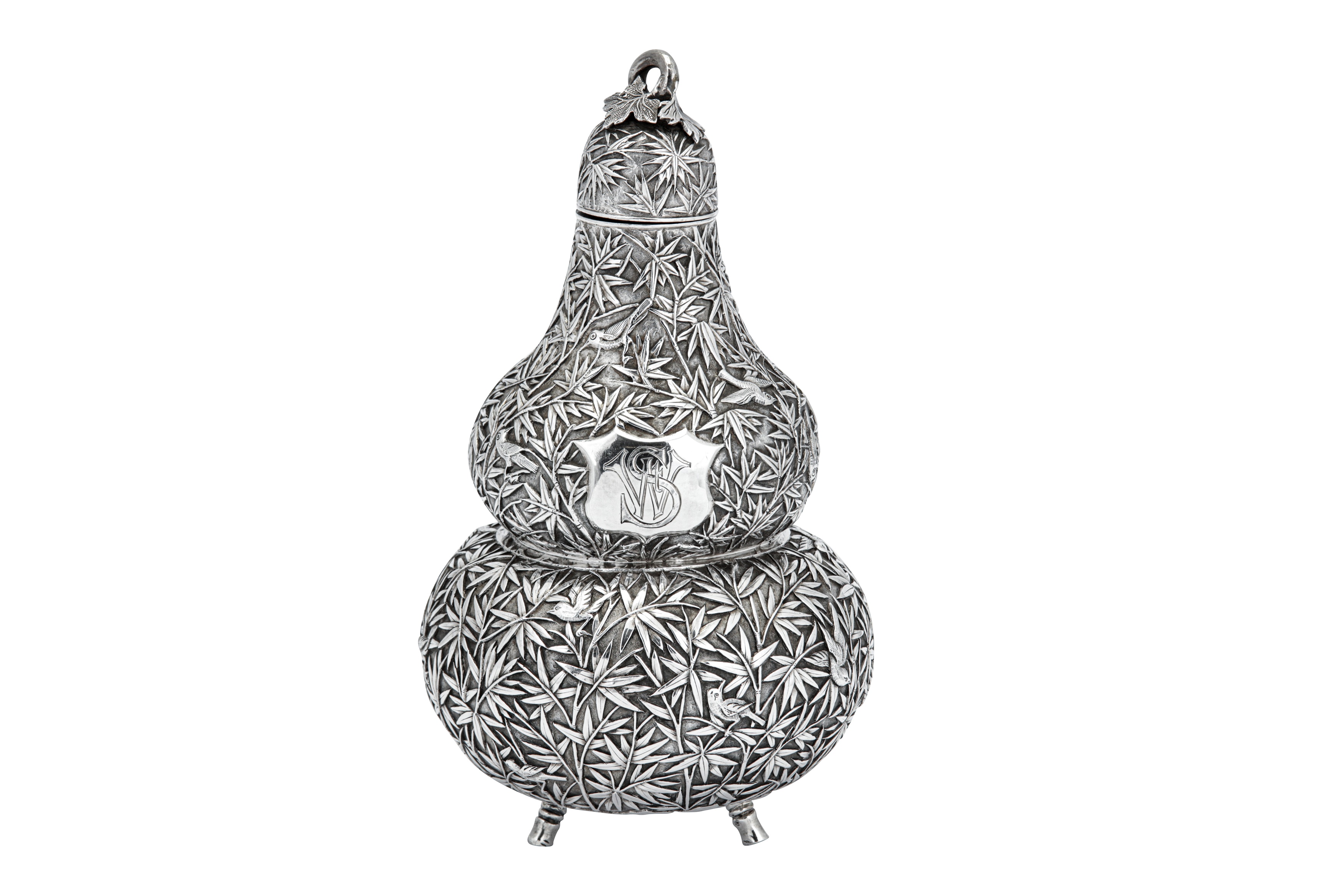 A mid to late 19th century Chinese export silver double gourd tea caddy or wine bottle, Canton circa