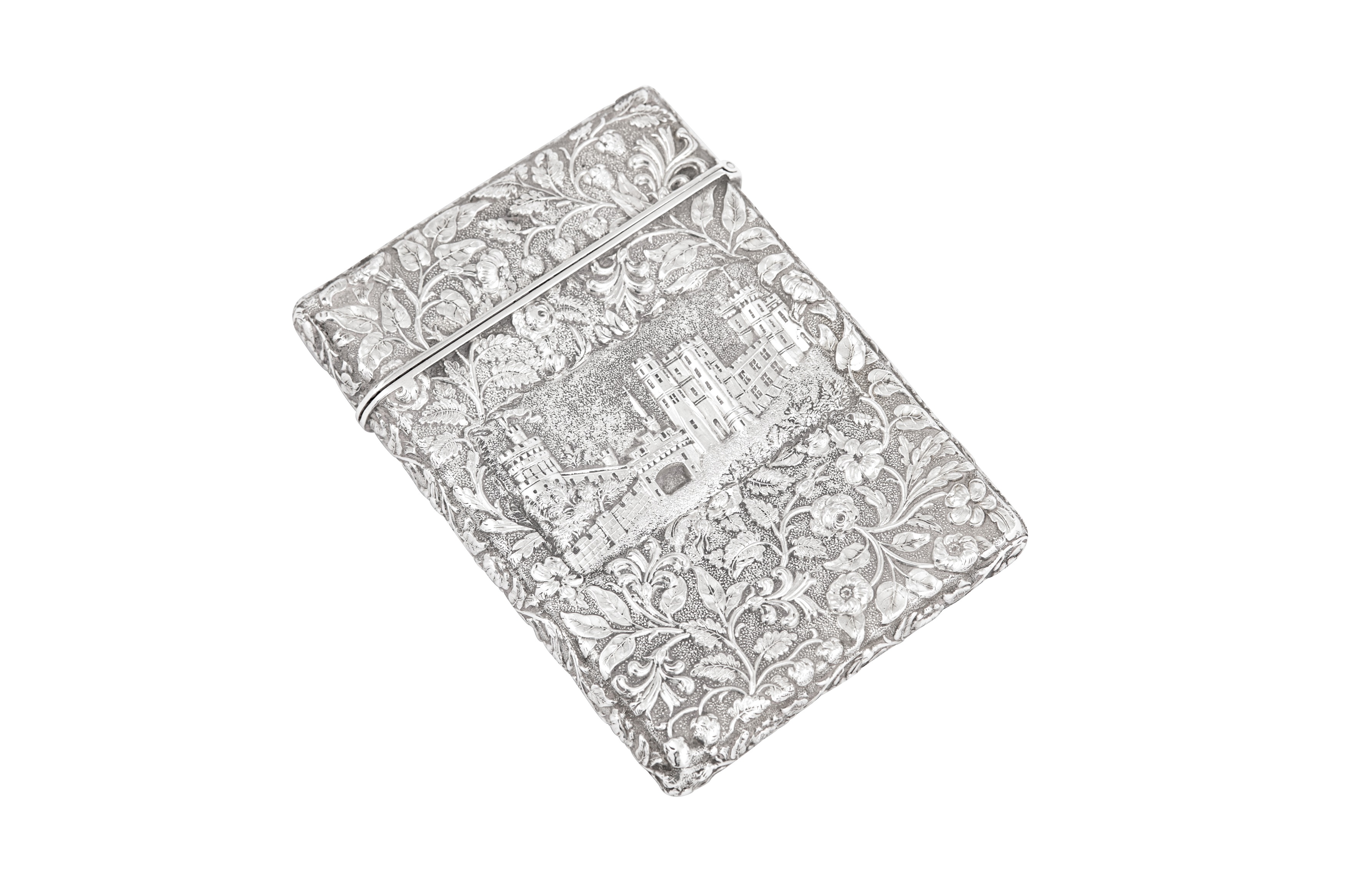 A cased Victorian sterling silver 'castle top' card case, Birmingham 1842 by Joseph Willmore - Image 3 of 6