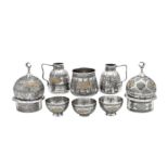 An early 20th century Syrian gold inlaid unmarked silver six-piece Turkish coffee set, Damascus circ