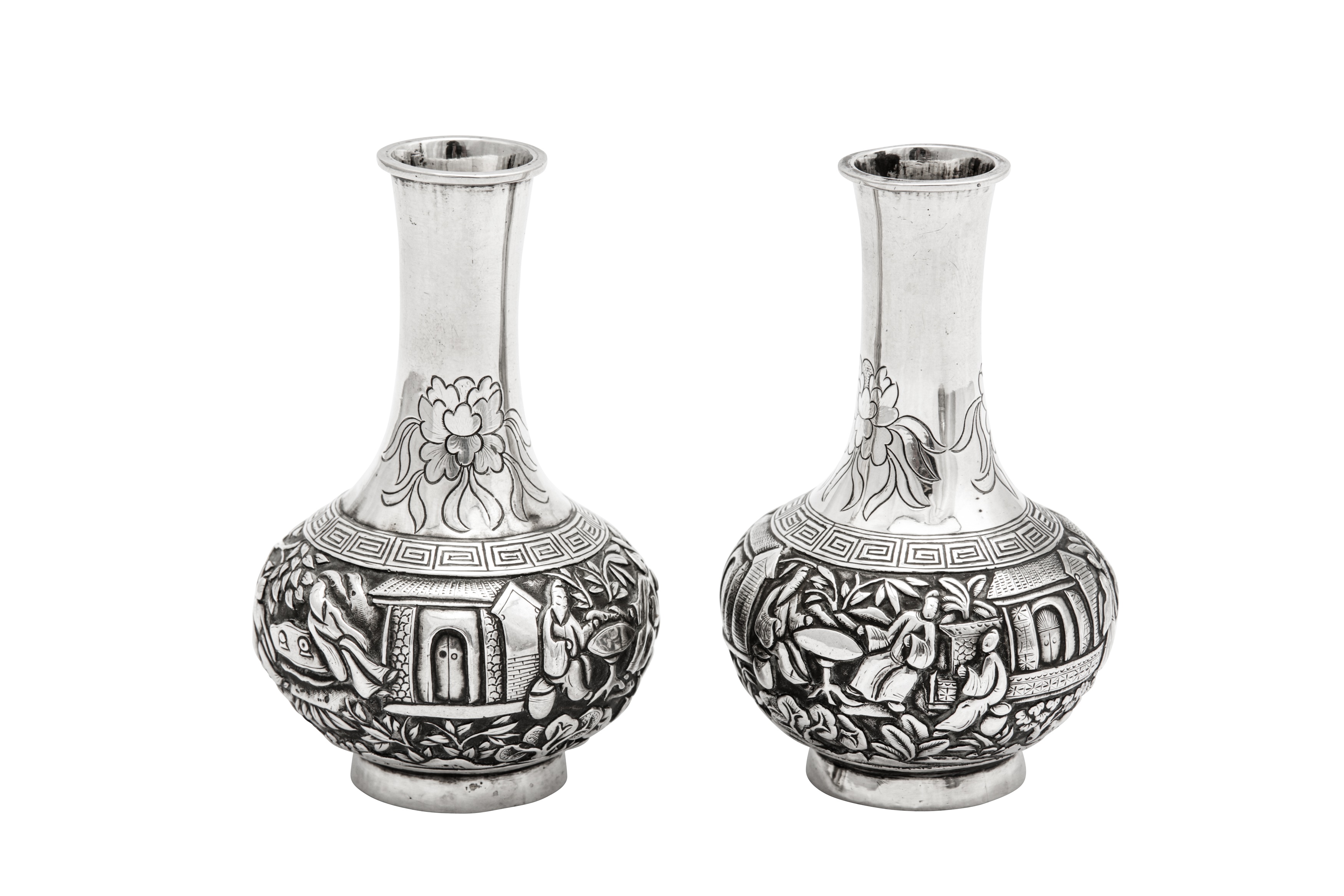 A pair of late 19th / early 20th century Chinese Export silver miniature vases, Canton circa 1900, r