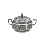 An early 20th century Iranian (Persian) unmarked silver and champlevé enamel twin handled sugar bowl