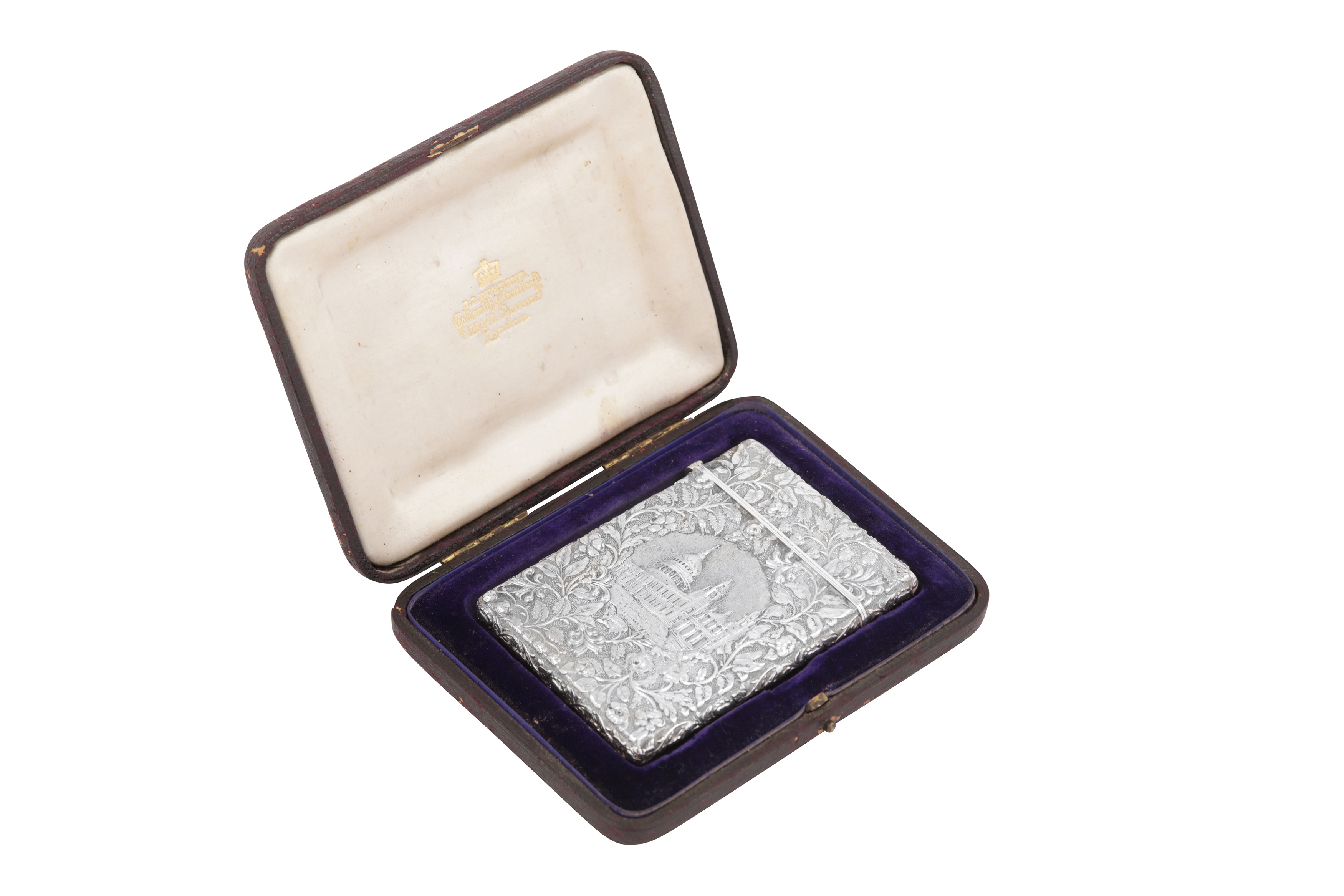 A cased Victorian sterling silver 'castle top' card case, Birmingham 1842 by Joseph Willmore
