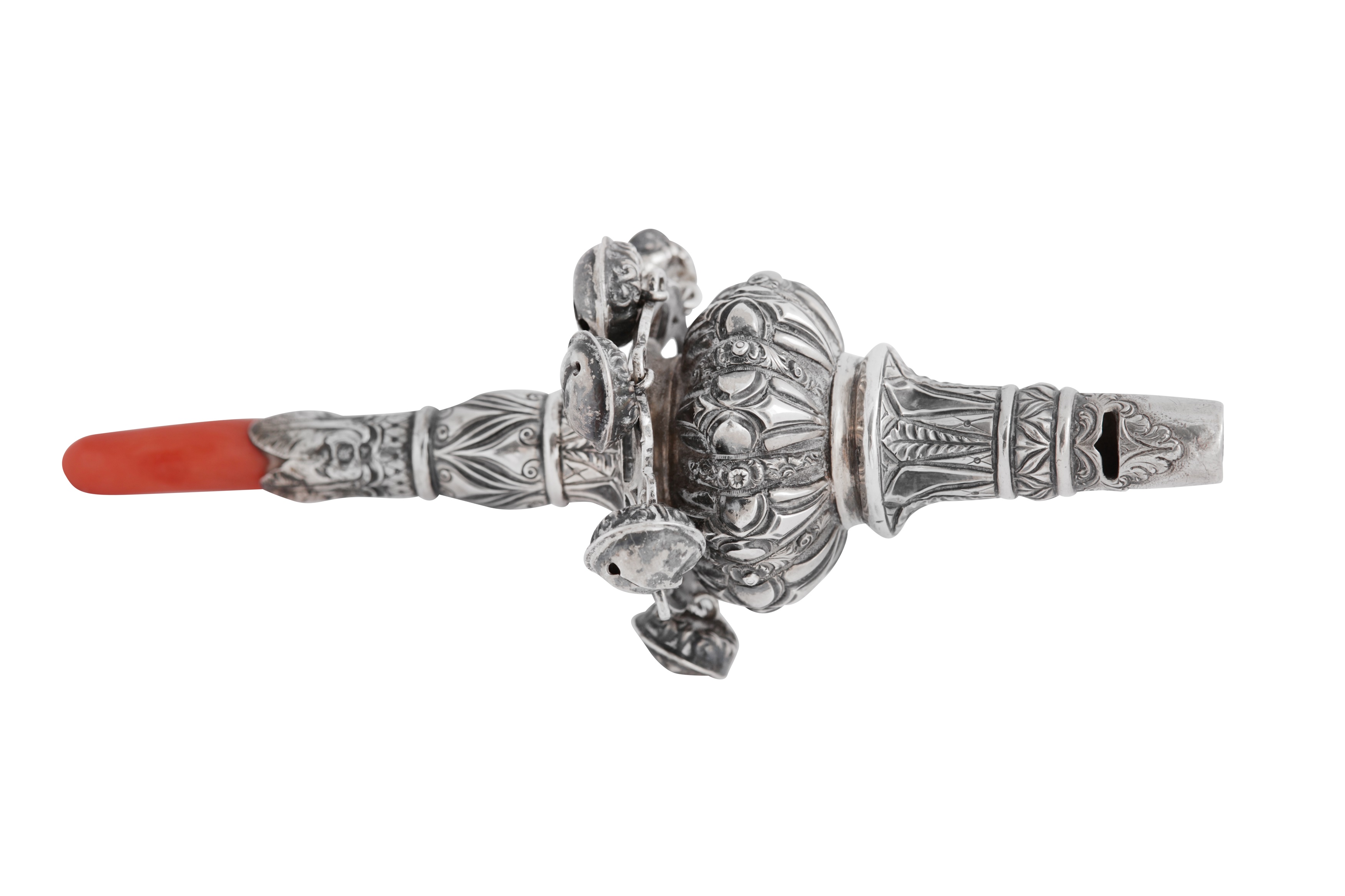 A William IV sterling silver and coral babies rattle, London 1832 by Charles Reily & George Storer