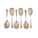 A set of six Victorian sterling silver fruit serving spoon, Sheffield 1887/88 by Goldsmiths and