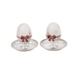 A pair of late 20th century Italian sterling silver and guilloche enamel novelty egg cups, Milan cir