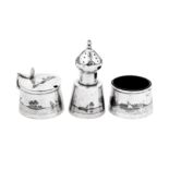 An early 20th century Iraqi silver and niello three-piece cruet, circa 1930 signed Khalid wa Barakat