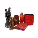 A SMALL COLLECTION OF CHINESE LACQUER ITEMS AND THREE FIGURES.