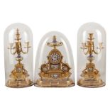 A GILT METAL AND SEVRES STYLE PORCELAIN CLOCK GARNITURE, LATE 19TH/EARLY 20TH CENTURY