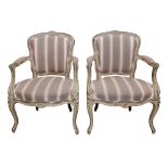A PAIR OF LOUIS XVI STYLE PAINTED AND DISTRESSED BEECH FAUTEUIL ARMCHAIRS, 19TH CENTURY