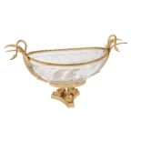 A LARGE OVAL GILT METAL AND GLASS TAZZA, IN THE EMPIRE TASTE, LATE 20TH CENTURY