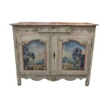 A FRENCH PROVINCIAL PAINTED AND DISTRESSED CHESTNUT BUFFET OR SIDE CABINET, EARLY 19TH CENTURY