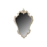 A WHITE PAINTED AND PARCEL GILT CARTOUCHE FORM MIRROR, MID/LATE 20TH CENTURY