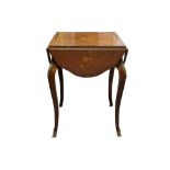 A 19TH CENTURY STYLE FRENCH INLAID KINGWOOD AND CROSSBANDED DROP LEAF TABLE