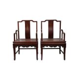 A PAIR OF CHINESE WIRE-INLAID WOOD CHAIRS.
