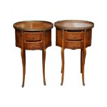 A PAIR OF FRENCH WALNUT AND BURR ELM OVAL BEDSIDE TABLES