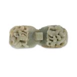 A CHINESE PALE CELADON JADE 'CHILONG' BELT HOOK.