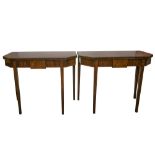 A PAIR OF LATE 19TH CENTURY SHERATON STYLE BOXWOOD AND EBONY STRUNG MAHOGANY FOLD OVER TEA TABLES