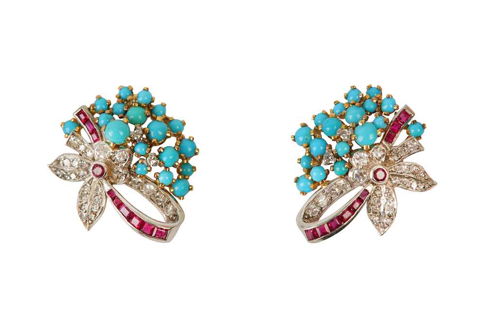 A PAIR OF TURQUOISE, RUBY AND DIAMOND EARCLIPS