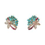 A PAIR OF TURQUOISE, RUBY AND DIAMOND EARCLIPS