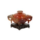 A CHINESE CARNELIAN AGATE INCENSE BURNER AND COVER