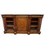 A VICTORIAN BURR WALNUT AND CROSSBANDED INLAID BREAKFRONT CREDENZA