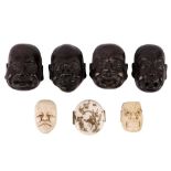 A SET OF FOUR JAPANESE CARVED WOOD NOH MASKS, 20TH CENTURY
