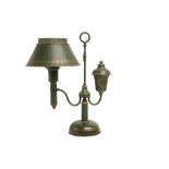 A REGENCY STYLE GREEN TOLEWARE DESK LAMP, MID 20TH CENTURY