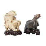 TWO CHINESE CHICKEN BONE JADE 'MYTHICAL BEAST' CARVINGS.