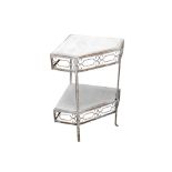 A WHITE PAINTED TWO TIER WROUGHT IRON CORNER TABLE, 20TH CENTURY